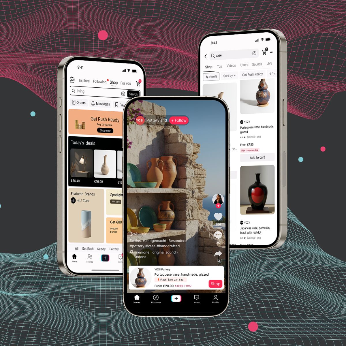 three smartphones with the TikTok Shop on the display